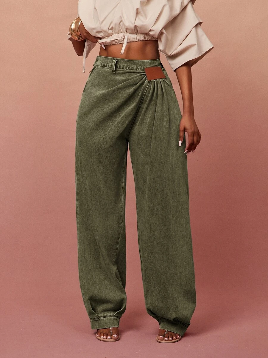 Vixey Women's Fashion Ruched Tapered Leg Jeans - Olive Green - View 1
