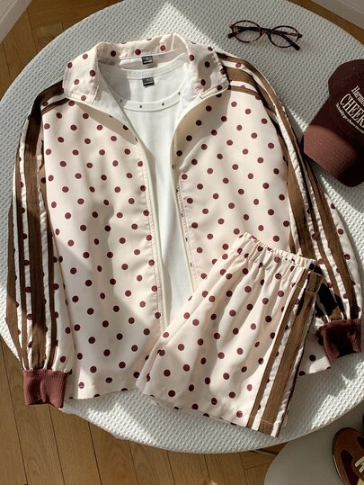 Comfortcana Women's Polka Dot Print Zipper Front Jacket And Shorts Casual 2 Pieces Set