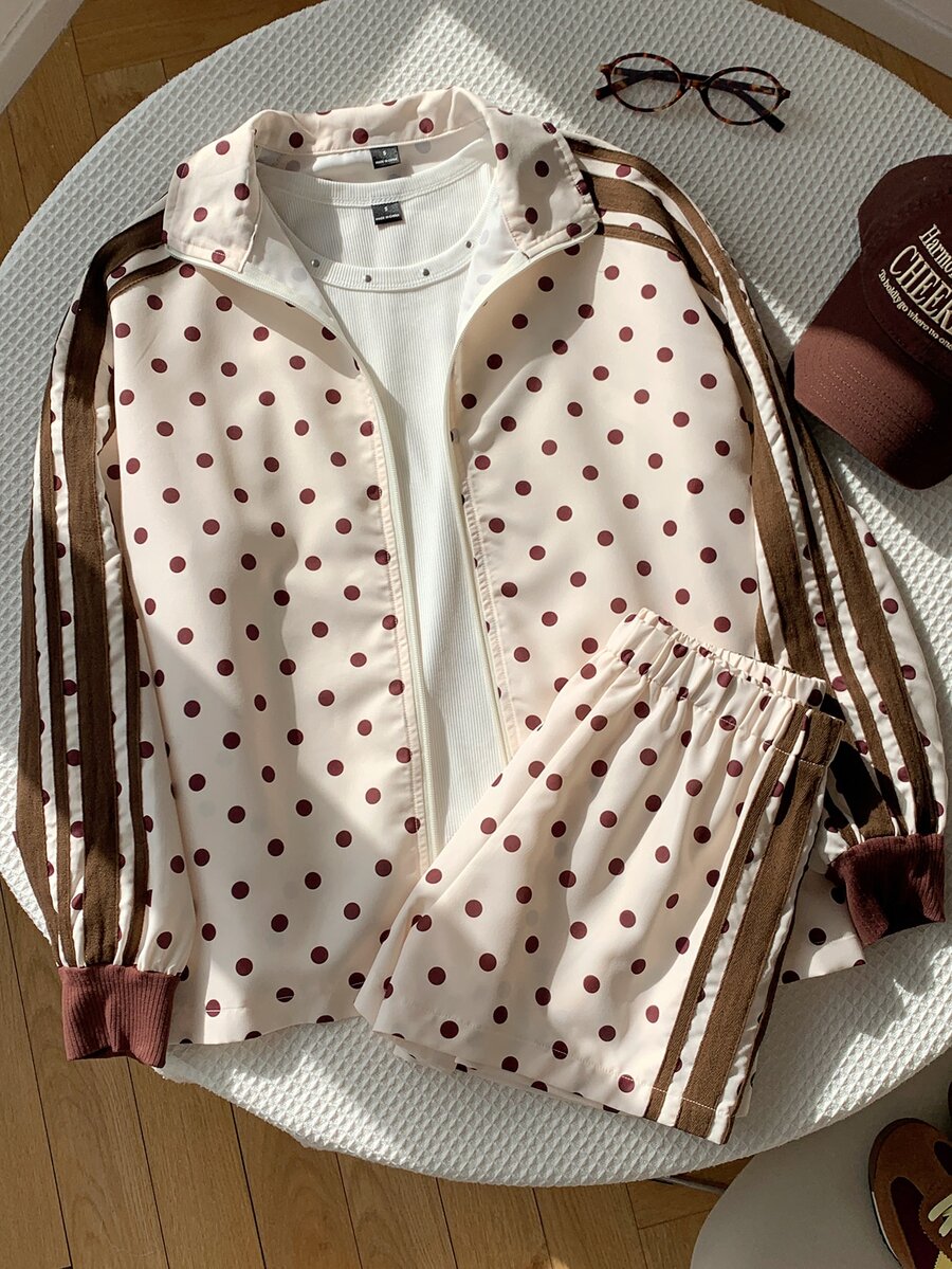 Comfortcana Women's Polka Dot Print Zipper Front Jacket And Shorts Casual 2 Pieces Set - Apricot - View 1