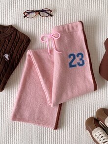 Comfortcana 女款數位刺繡抽繩腰休閒針織長褲 - 粉色 - 查看 4