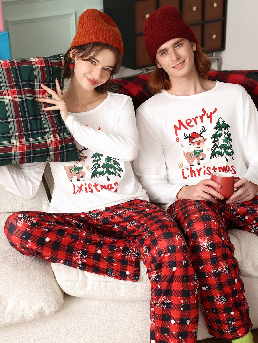 Chillnights Men's Cute Christmas Reindeer Christmas Tree Plaid Snowflake Print Crew Neck Long Sleeve Comfortable Couple Loungewear Set - Multicolor - View 1