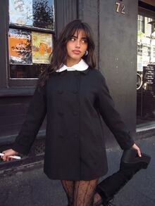 Sweetina Women's Square Neck Double-Breasted Bow Cape Coat Jacket - Black - View 4