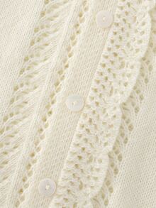 INAWLY French Lace Trim Semi-High Neck Hollow Knit Cardigan - Beige - View 5