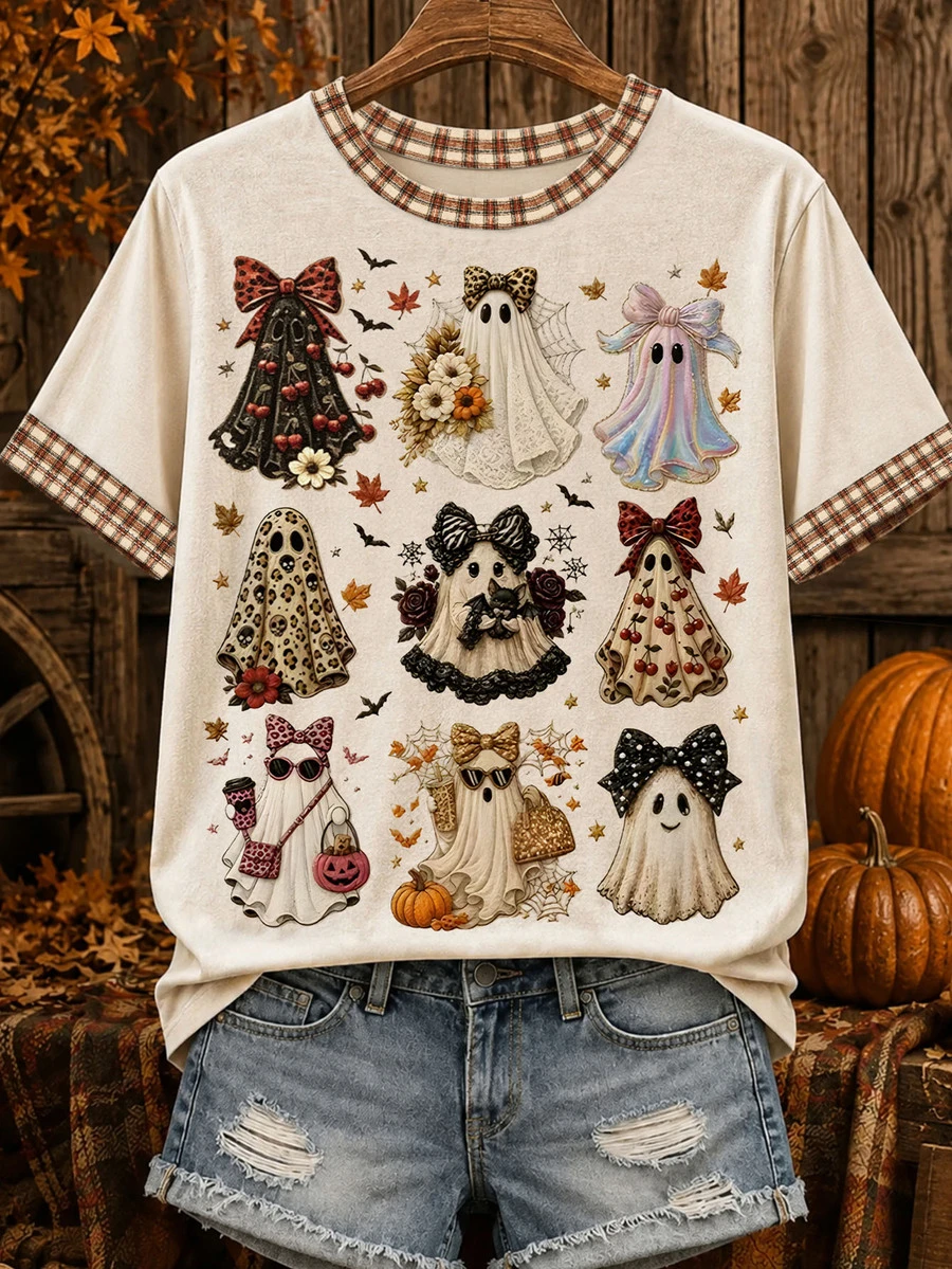 Linhara Halloween Sweet Cool Style Multiple Ghost Pattern Maple Leaf Pumpkin Fun Print Plus Size T-Shirt - Multicolor - View 1