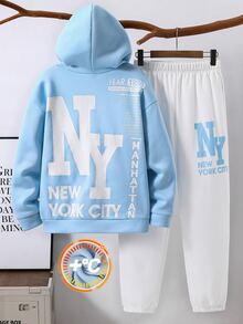 SHEIN 青少年男孩字母印花落肩長袖連帽衛衣與運動長褲休閒套裝 - 彩色 - 查看 6