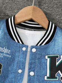 SHEIN Young Boy American Retro Striped Trim Denim Effect Jacket, Kids Streetwear Varsity Bomber Jacket With Pockets, Fall, Autumn And Winter - Blue - View 5