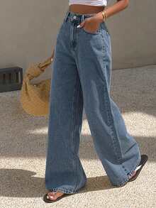 Livesso Tall Women's Loose Straight Leg Vacation Style Jeans - Medium Wash - View 2