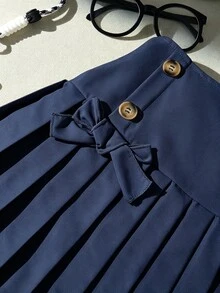 SHEIN 1件少女學院風百褶迷你裙，秋季服飾，海軍藍蝴蝶結雙排扣高腰裙，適合上學、日常穿著與外出 - 藏蓝色 - 查看 5