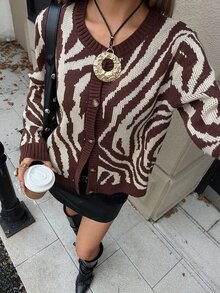 DAZY Women's Autumn Round Neck Long Sleeve Loose Zebra Stripe Brown & Beige Contrast Color Casual Knit Cardigan Sweater Winter - Brown - View 6