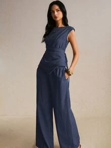 Poéselle Women's Striped Asymmetrical Hem Shirt And Wide Leg Pants Casual 2 Pieces Set - Navy Blue - View 5