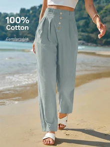 SHEIN Frenchy Casual Versatile Solid Color High Waist Long Pants - Dusty Blue - View 1