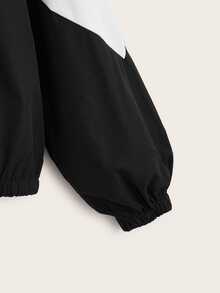 SHEIN EZwear 大尺碼女款拼色休閒賽車風連帽夾克，黑色，秋季日常穿搭 - 酒紅色 - 查看 4
