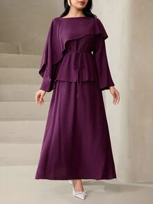 Veilorie Women's Solid Color Asymmetric Design Long Sleeve Top And Skirt Elegant Arabic Outfit Set - Purple - View 4