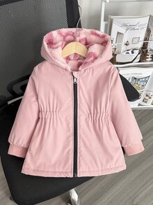 SHEIN Elladie kids 女童冬季嬰兒白色愛心保暖內裡拉鍊連帽衛衣，彈性腰圍加厚保暖時尚戶外通勤外套 - 粉色 - 查看 5