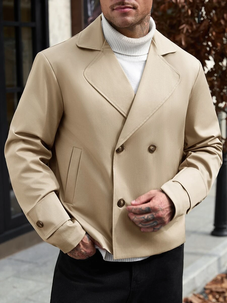 Manfinity CasualCool Men's Casual Solid Color Double-Breasted Trench Coat Jacket - Khaki - View 1