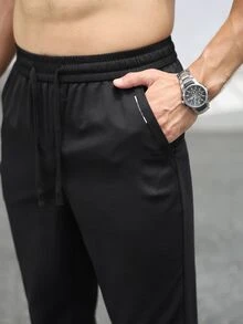 Manfinity Homme 男士休閒百搭純色抽繩腰長褲 - 黑色 - 查看 6