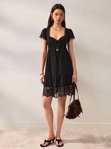 Willow Rêve Women's Black High Waist Ruffle Hem Chiffon Dress, Lace Patchwork With Tie Front, Solid Color Pastoral Romantic Bohemian Style, Suitable For Summer Vacation, Party, Wedding - Black - View 3