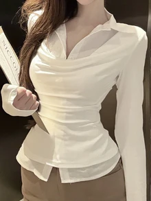 DAZY 秋季優雅純色垂領二合一女式襯衫 - 白色 - 查看 1