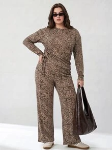 Solavibe Plus Size Vintage Leopard Print Drawstring Round Neck Top Loose Wide Leg Pants Casual Halloween Autumn/Winter 2 Pieces Set Beige Fall Formal Vacation - Multicolor - View 7