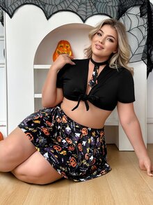 Fantasy Costume Fantasy Costume Plus Size Halloween Lace-Up Top Pumpkin Print Pleated Skirt 3pcs Set - Black - View 5