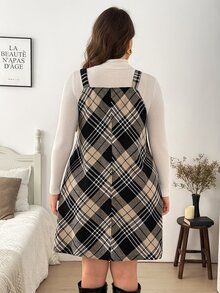 SHEIN LUNE 大尺碼夏季休閒優雅傳統復古格紋吊帶裙 高茶會俱樂部早午餐畢業旅行晚宴生日 白色黑色 - 彩色 - 查看 9