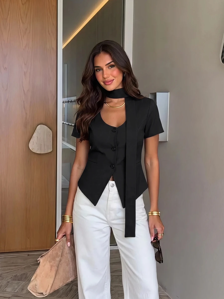 Siren Gaze Neuer Damen-Blazer mit Taillierung und kurzen Ärmeln, für Lehrerinnen, Business, Alltag, Büro, Brunch, Schwarz, Sommer, Lässig, Elegant - Schwarz - Übersicht 1