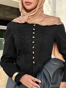 Solavon Women's Fall Fashion Waist-Cinching Jacket Chinese Knot Dinner Office Black And Gold Elegant Preppy - Black - View 5
