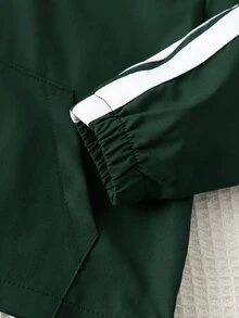 SHEIN 2件組兒童小男孩休閒日常百搭舒適拼接連帽半拉鍊套頭寬鬆長袖外套與寬鬆慢跑褲梭織套裝 - 綠色 - 查看 6