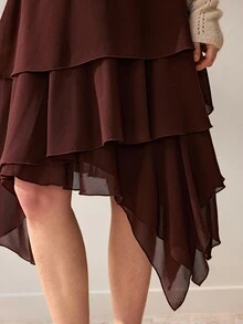 Willow Rêve Women's Brown Chiffon A-Line Asymmetrical Multi-Layer Ruffle Skirt, Solid Color Design, Layered Ruffle Craftsmanship, Fashionable Elegant Romantic Bohemian Style, Suitable For Summer Vacation, Party And Travel Outfits - Brown - View 5
