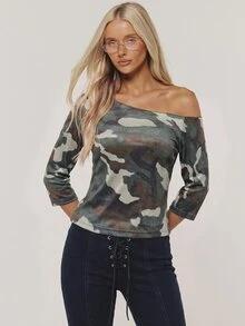 SHEIN Unity Women's Autumn Fashion Camouflage Print Rhinestone Decor Asymmetric Collar Top - Multicolor - View 3