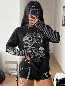 Coolane 女款秋冬休閒哥德風街頭外出穿搭舒適萬聖節圖案印花層次感黑色大尺寸圓領長袖T恤 - 黑色 - 查看 4
