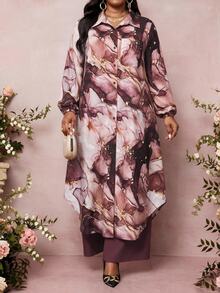 SHEIN Lady Plus Size Marble Print Shirt And Pants 2 Pieces Set - Multicolor - View 1