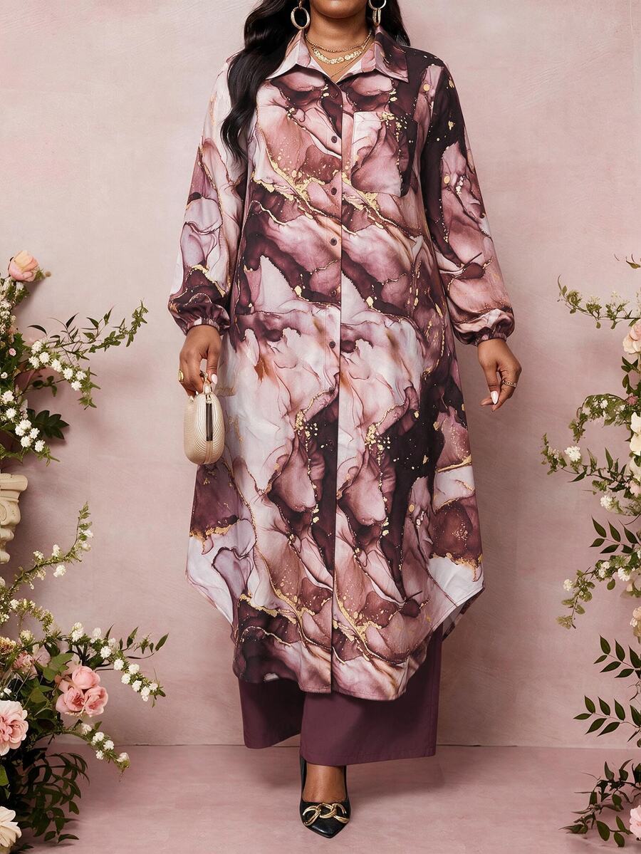 SHEIN Lady Plus Size Marble Print Shirt And Pants 2 Pieces Set - Multicolor - View 1