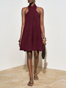 Zivah Women's Solid Color Criss-Cross Halter Neck Casual Mini Dress - Burgundy - View 7