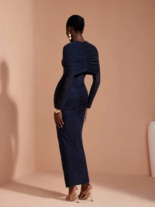 JIAN LASALA Navy Mesh Long Sleeve Ruched V Neckline Long Dress Vacation Party Elegant - Navy Blue - View 2