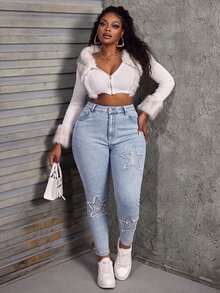 Slaydiva Plus Size Women's High Waist Skinny Cropped Denim Jeans With Star Applique And Ripped Frayed Hem - Medium Wash - View 2