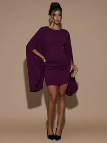 SHEIN BAE Fall Winter Plum Purple Cape Sleeve Round Neck Bodycon Ruched Sexy Mini Dress Thanksgiving Party Cocktail Short Dresses - Rose Red - View 4