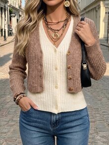 Selenza V-Neck Patchwork 2 In 1 Button-Up Cardigan Contrast Color Sweater Spring/Autumn Design Niche Inner Layer Knit Top - Camel - View 5