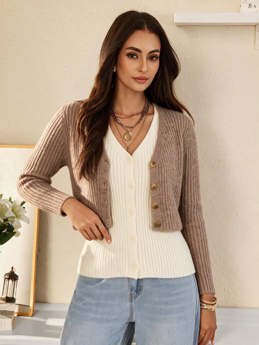 Selenza V-Neck Patchwork 2 In 1 Button-Up Cardigan Contrast Color Sweater Spring/Autumn Design Niche Inner Layer Knit Top - Camel - View 1