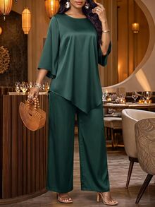Fleurora Women's Solid Color Round Neck Bell Sleeve Asymmetrical Hem Blouse And Long Pants Casual 2 Pieces Set - Green - View 6