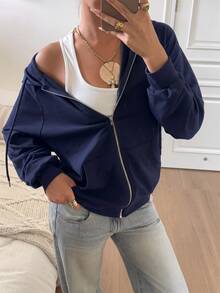 SHEIN EZwear Zip Up Raglan Sleeve Drawstring Hoodie,Long Sleeve Tops In Fall/Winter - Navy Blue - View 6