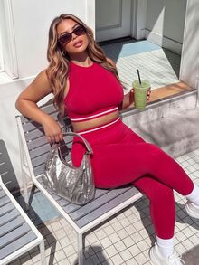 SHEIN Sovereign Charm Women's Plus Size Striped Cropped Tank Top And Leggings Sports Set - Red - View 6