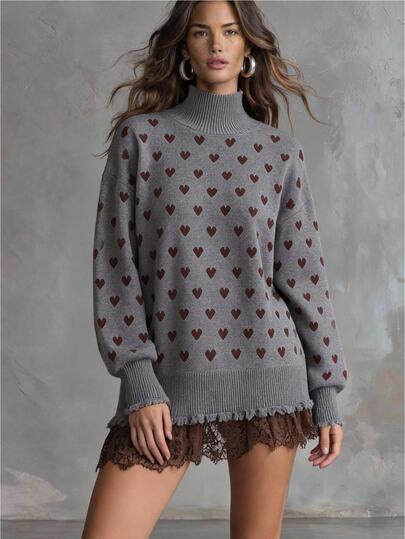 Solivie Damen Vintage Elegantes Pullover-Top, Grau mit kaffeefarbenem Herz, kaffeefarbener Spitzenbesatz am Saum