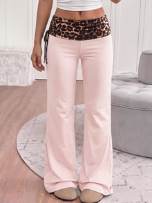 Tween Girls Tween Girl Pants Streetwear Versatile Vintage Side Drawstring Y2K Patchwork Leopard Print Flare Long Pants - Pink - View 1