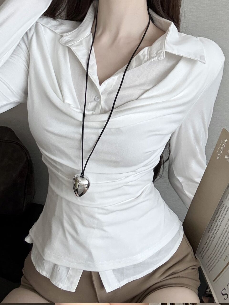 Autumn Elegant Solid Color Cowl Neck 2 In 1 Blouse