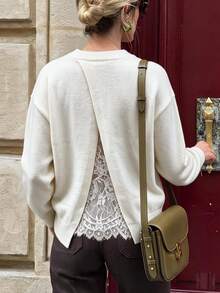 SHEIN Elenzya Elegant Round Neck Long Sleeve Back Slit Niche Design Women's Sweater - White - View 2