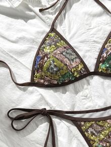 SHEIN Unity 女款亮片掛脖比基尼套裝，2合1性感熱帶海灘度假派對棕色夏季 - 彩色 - 查看 11
