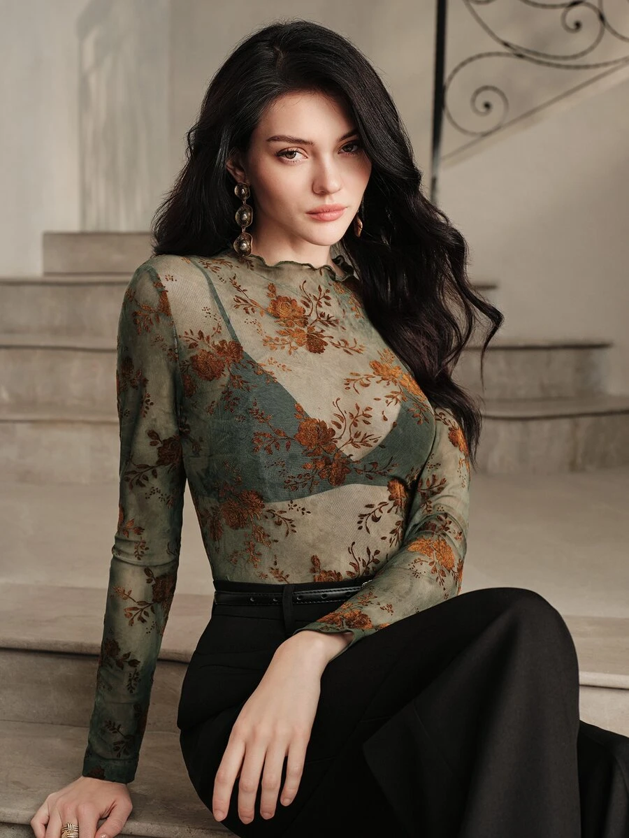 Anewsta Spring/Summer Morandi Grey Green Flocked Floral Mesh Base Layer, Wavy Lace Trim Slim Fit Long Sleeve Inner Top - Green - View 1
