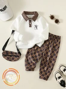 SHEIN 男嬰 3 件組秋冬保暖內裡加厚拼色拼接翻領運動衫套裝附包包，多件式冬季套裝，運動服，街頭風 - 棕色 - 查看 4
