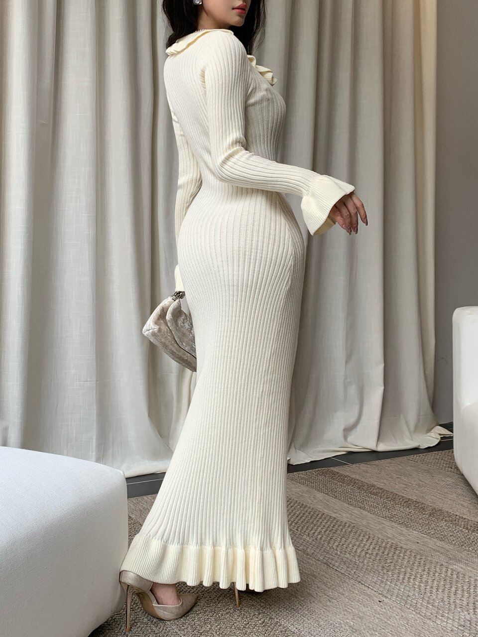 Autumn/Winter Ruffle Trim Square Neck Long Sleeve Cinched Waist Cream White Slim Fit Mermaid Hem Elegant Party Sweater Dress For Women